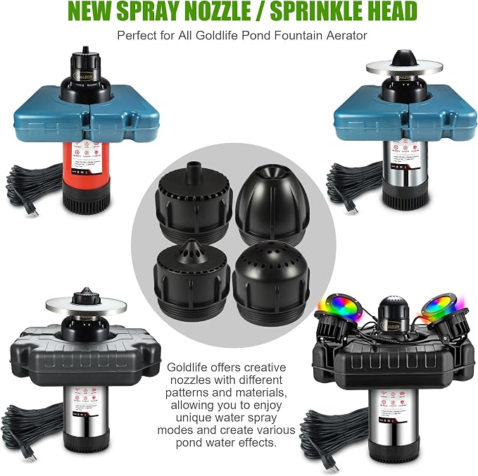 Goldlife Pond Fountain Aerator Nozzle - N3 Nozzle Kit, 4-in-1 Unique Water Flow Modes, Black ABS Water Spray Sprinkler Head, Replacement Fountain Aerator Pump Nozzle for Garden Pond Lake