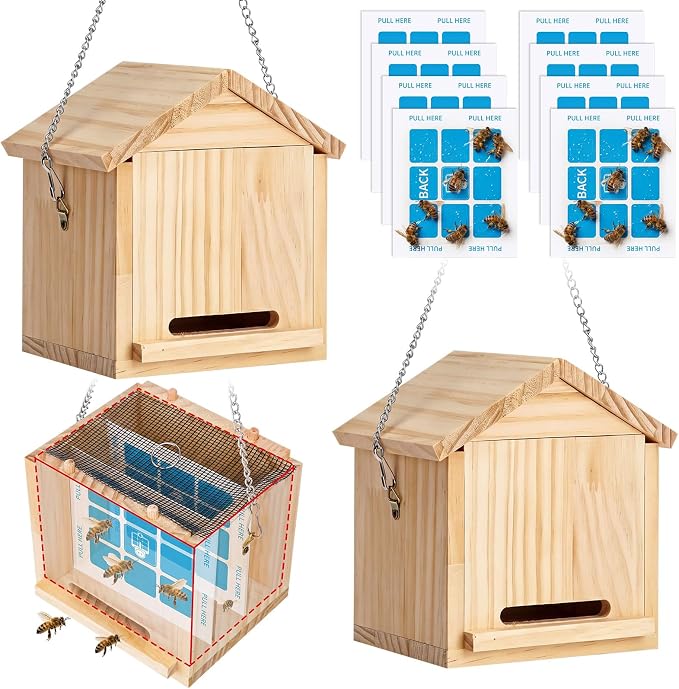 2 Pack Carpenter Bee Trap Outdoor (5.7" L x 4.3" w x 6" h) - Hanging Wooden Bee Catcher with Iron Wire, 2 Mesh Screens & 8 Sticky Pads Refills, Natural Pest Control for Wasps & Mud Daubers