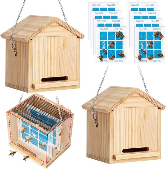 2 Pack Carpenter Bee Trap Outdoor (5.7" L x 4.3" w x 6" h) - Hanging Wooden Bee Catcher with Iron Wire, 2 Mesh Screens & 8 Sticky Pads Refills, Natural Pest Control for Wasps & Mud Daubers