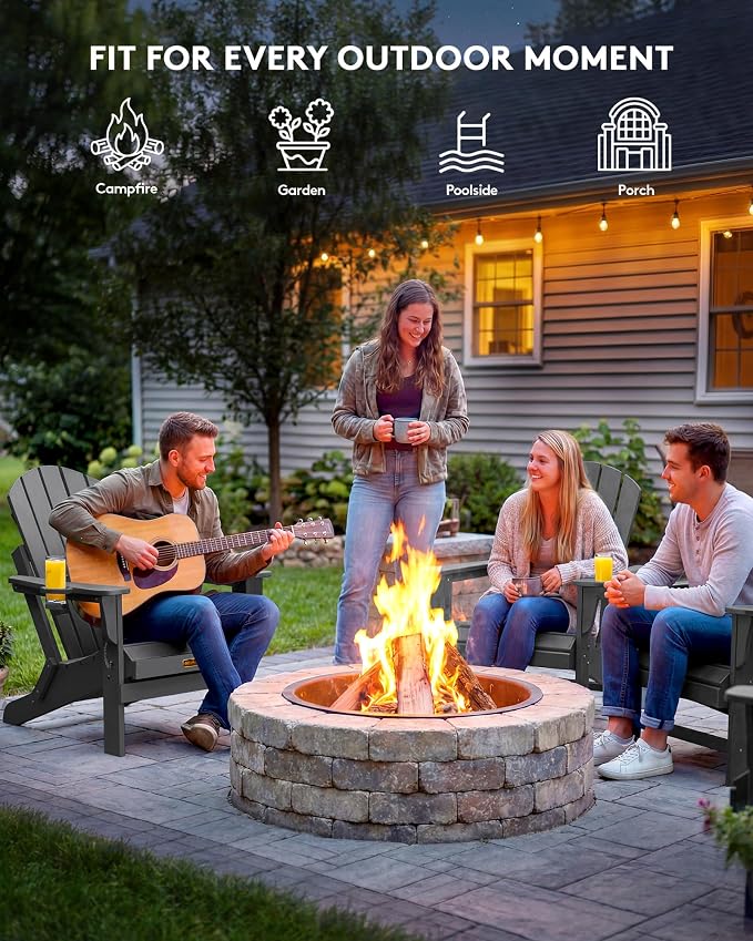 SERWALL Folding Adirondack Chair with Cup Holder Set of 4, Weather Resistant HIPS Patio Chairs, Wooden Textured, Fire Pit Chairs for Garden Outdoors Fire Pit - Gray
