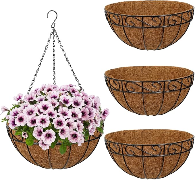4 Pack 14 inch Metal Hanging Baskets for Plants, Round Metal Wire Hanging Basket Planter with Coco Fiber Liners Chain for Garden Home Porch Patio, Flower Border