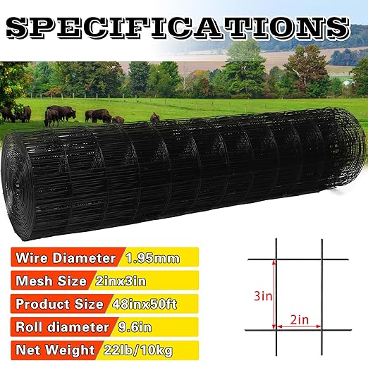 Welded Wire Fence 48inx50ft, 16GA, Mesh Size 2" x 3" Black Hardware Cloth, Chicken Wire Fence, PVC Coated Garden Border Fencing, Vinyl Coating Metal Wire Mesh for Yard, Dog Vegetable, Plant