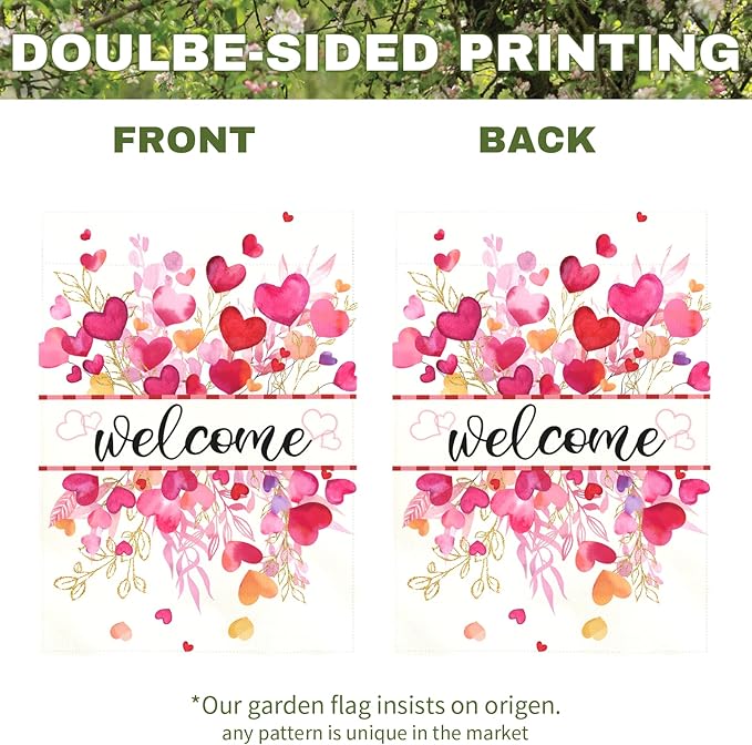 Valentines Day Garden Flag Welcome Heart Design Double Sided Yard Banner Romantic Red Pink Love Hearts House Flag for Porch Patio Lawn Farmhouse Wedding Anniversary Party Decor 12x18 Inch
