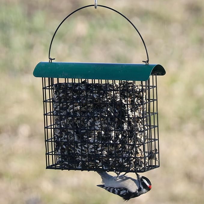 Large Suet Feeder - Metal Woodpecker Suet Cage with Metal Roof - Holds 1 Large Seed Cake