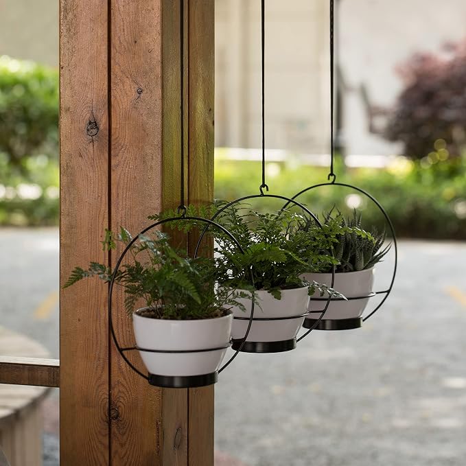 Gardenised Decorative Metal Hanging Planter with Tree Pots for Flowers, White and Black - Small