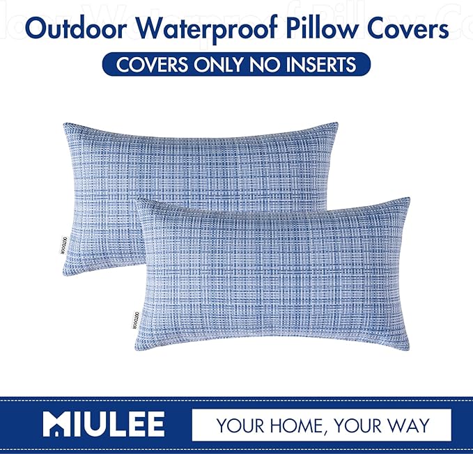 MIULEE Outdoor Waterproof Throw Pillow Covers Decorative Farmhouse Water Resistant Cushion Covers for Tent Patio Garden Couch Sofa Pack of 2, 12x20 Inch Light Blue