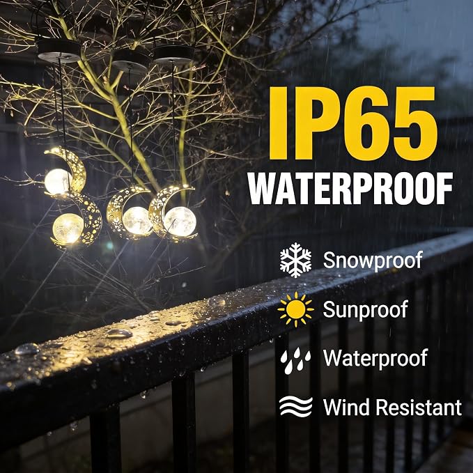 Solar Lanterns Outdoor Waterproof Decor, 4 Pack Hanging Moon Garden Lights Metal Crescent & Crackle Glass Globe, Outside LED Light for Garden, Yard, Patio, Tree, Housewarming Gifts for Women Mom