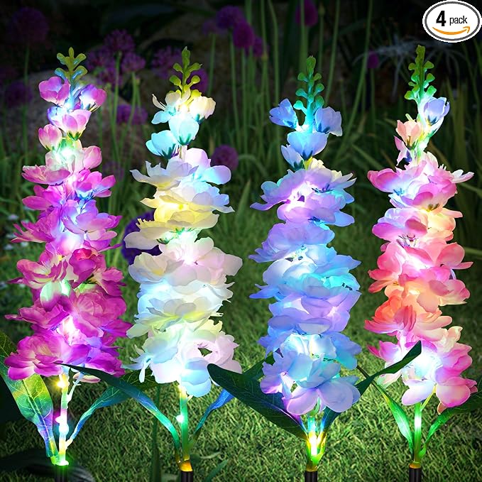 4-Pack Solar Delphinium Garden Decor, 4 LED Flower Stake Lights - Waterproof Long-Lasting Outdoor Solar Patio Decor for Lawn, Yard & Pathway
