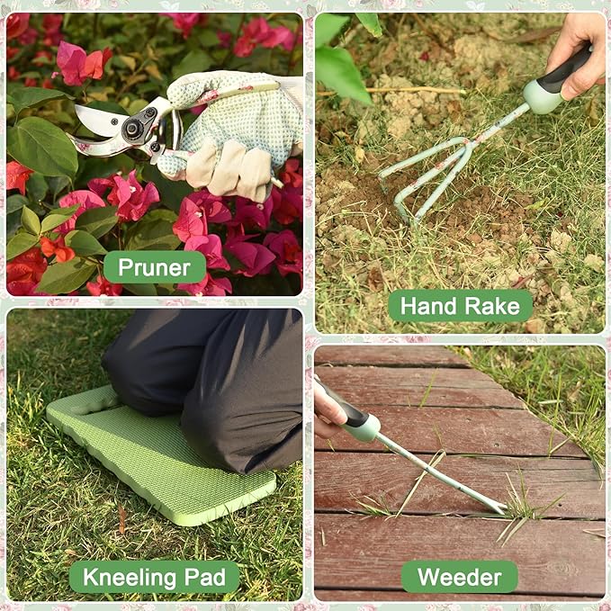 Gardening Tools, WisaKey 10 Piece Heavy Duty Garden Tools Set with Handle, Durable Fashion Garden Organizer Handbag, Ideal Gardening White Elephant Gifts Gift for Woman