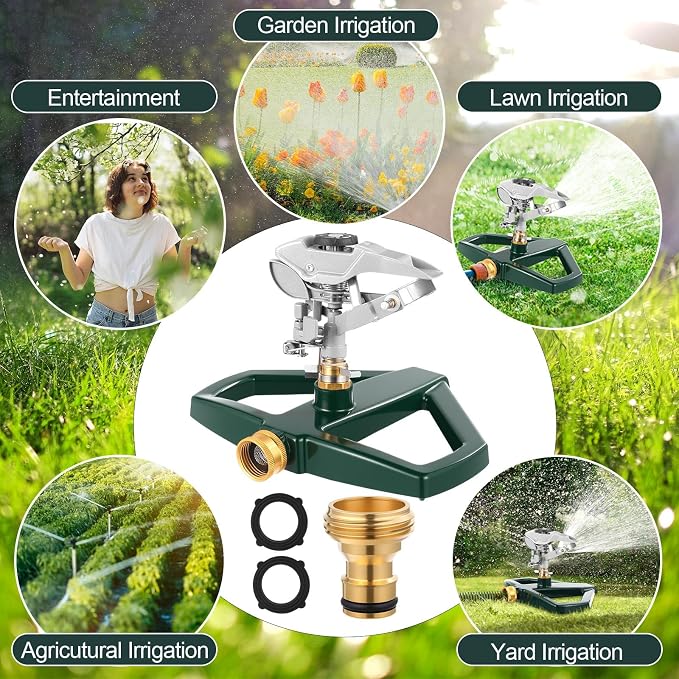 3 Sets Rotating 360 Degree Swivel Garden Sprinkler Pulsating Impact Sprinkler with Metal Base, Heavy Duty Adjustable Garden Hose Sprinklers System for Large Area Lawn Yard(Large Head)