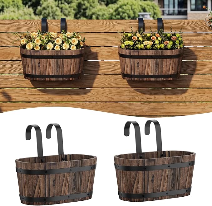 Railing Planters for Outdoor Plants Balcony Hanging Flower Pots with Detachable Hooks, Window Flower Box Hanging Bucket Pots Fence Planters for Garden Home Decor (Carbonized-2pack, Small)