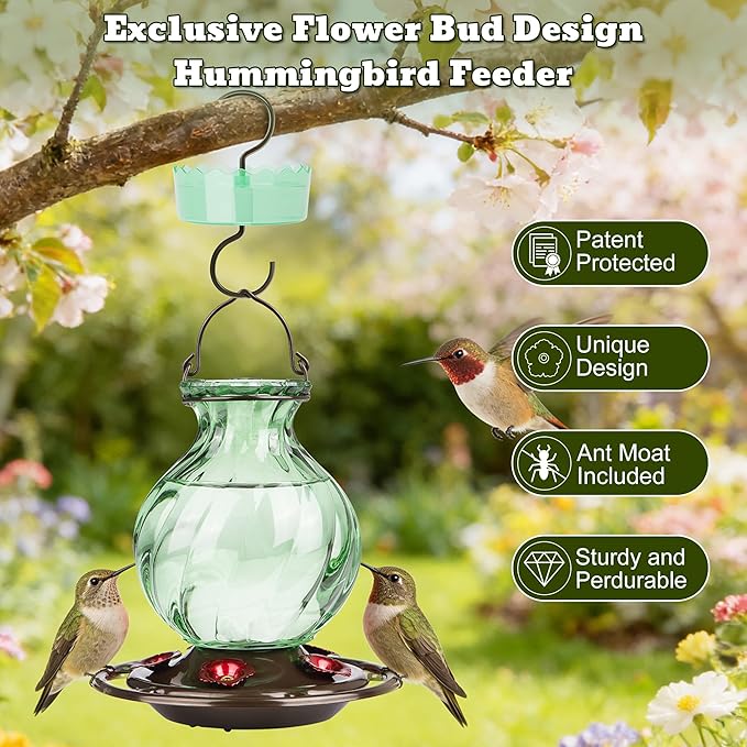 Auslar 26 Ounces Hummingbird Feeder, Hummingbird Feeders for Outdoors Hanging, Ant Moat and 5 Flower Feeding Ports, Fade Proof, Rustproof, Leakproof, Netted Flower Bud Shape Bottle, Green