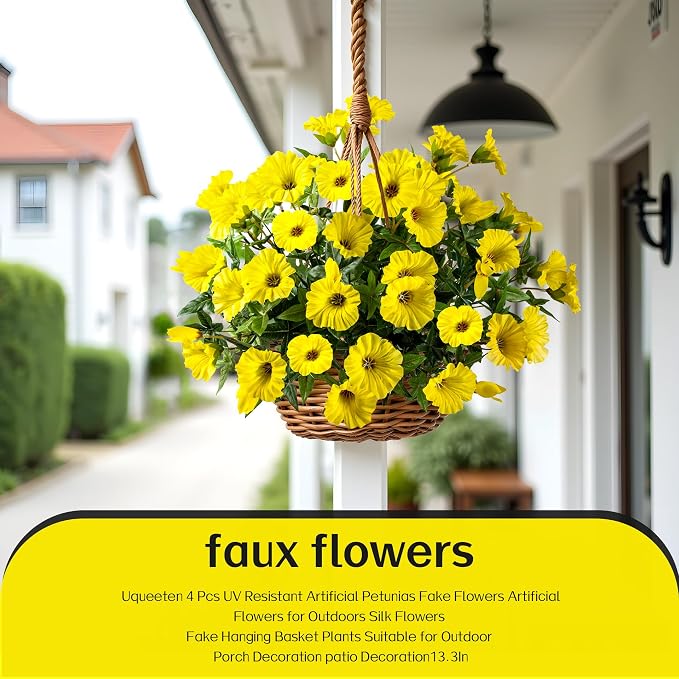 Yellow Artificial Morning Glory Flowers for Outdoor Planters, Premium UV Resistant Silk Faux Flowers for Porch, Hanging Basket & Window Box, Spring Garden Decor, No Pot, 13.3 Inch, 4 Bundles