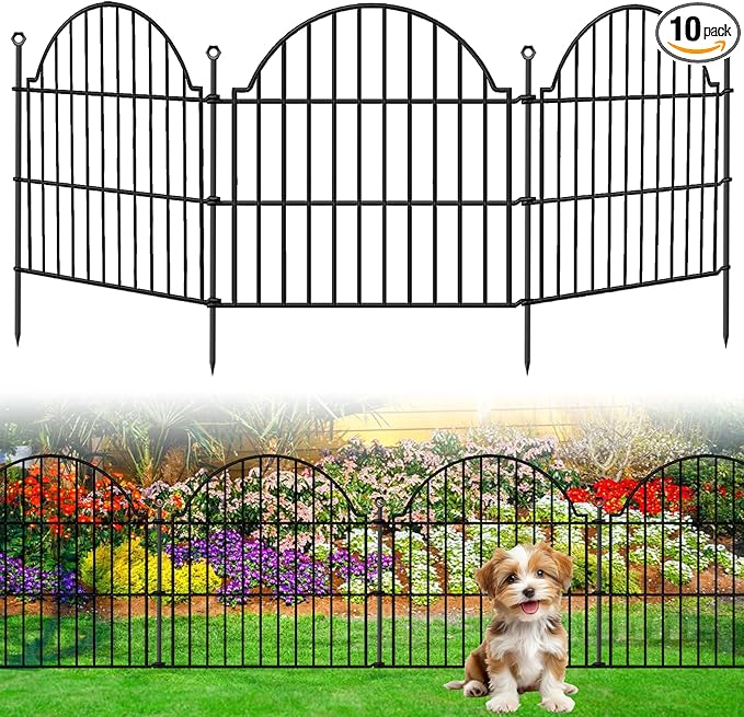 10 Panels No Dig Decorative Outdoor Garden Fence, 24in (H) x20ft (L) Animal Barrier Fencing for Dog, Arched Flower Bed Edging, Rustproof Metal Wire Panel Border with Temporary Ground Stakes