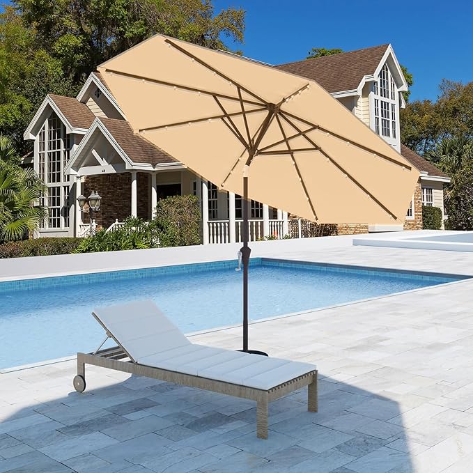 9FT Patio Umbrella with Solar Lights,Outdoor Market Umbrella with Tilt and Crank, LED Lighted Table Umbrella for Garden,Deck,Backyard,Pool,Beach
