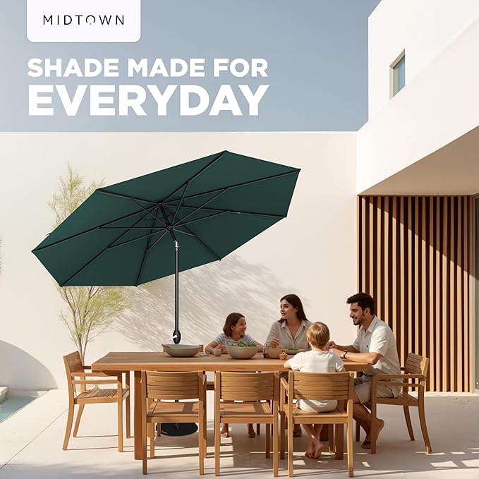 Midtown Umbrellas - 10-Year-No-Fade 8 Ft Patio Umbrella with Terylast Fabric, Auto-Tilt Aluminum Frame and 8 Reinforced Ribs for Deck, Pool, Garden & Beach - Forest Green Canopy, Black Pole