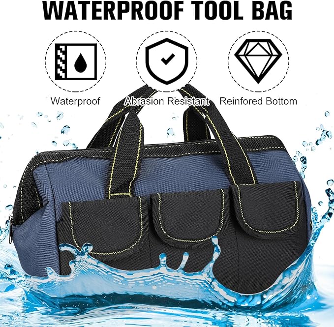 Silkfly 6 Pcs Tool Bag for Men Women Heavy Duty Tool Tote with Waterproof Hard Bottom Multi Pockets Large Mouth Organizer for Various Worker Electrician Carpenter Mechanic (16 Inch,Blue Green Red)