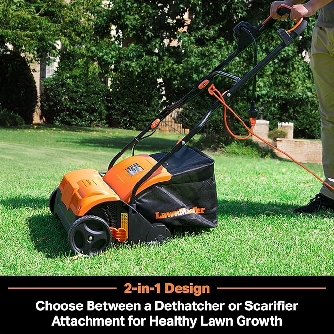 LawnMaster 16” Electric Dethatcher Scarifier and VEVOR 24” Steel Compost Spreader Bundle for Lawn and Garden