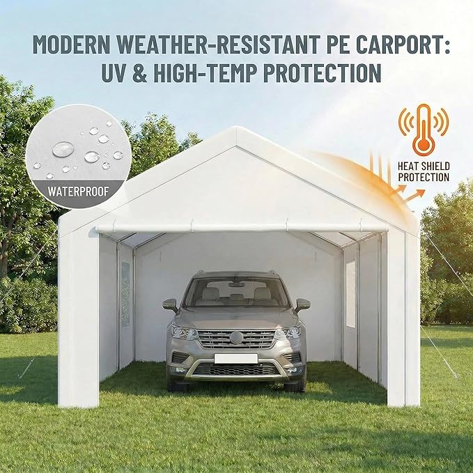 COBIZI 10x20 FT Heavy Duty Carport with Galvanized Frame, Carport Canopy with Roll-up Windows, Storage Tent with Removable Sidewalls & Doors, Built-in Sandbags for Car Boat Truck, White