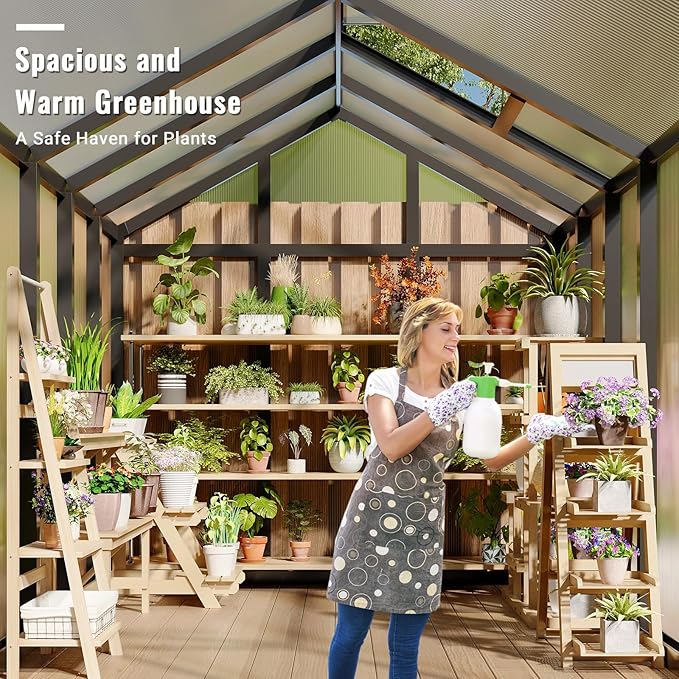 GarveeHome 6X8 FT Greenhouse, Walk-in Greenhouse Kit with Aluminum Frame, Polycarbonate Panels, Adjustable Roof Vent, Sliding Door, Secure Lock for Outside Garden, Patio, Backyard