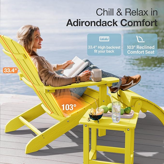 YEFU Adirondack Chairs Set of 2: Plastic Adirondack Chairs - Patio Chairs with Wood Texture - Outdoor Chair HIPS - Lawn Fire Pit Deck Porch Garden Chairs for Adults (Yellow)