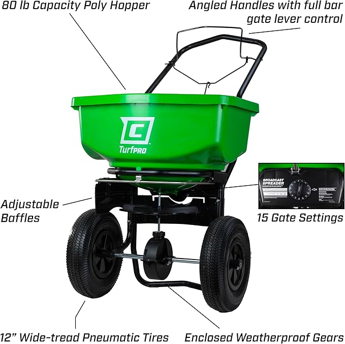 Chapin 89200A Spreader, Lawn and Garden, 80Lbs, All Season, TurfPro, Broadcast, Push, Walk Behind, 12" Tires, Weather-Proof, Poly Hopper, Pull-Bar Lever with 30 Setting Gate, Fertilizer and Seeds