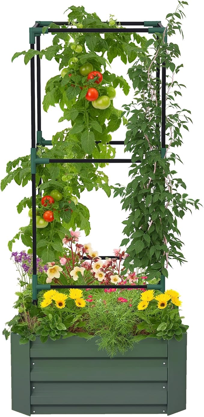 Outsunny Galvanized Raised Garden Bed, 55" Tall Outdoor Planter Box with Trellis Tomato Cage and Open Bottom for Climbing Vines, Vegetables, Flowers in Backyard, Garden, Patio, Green