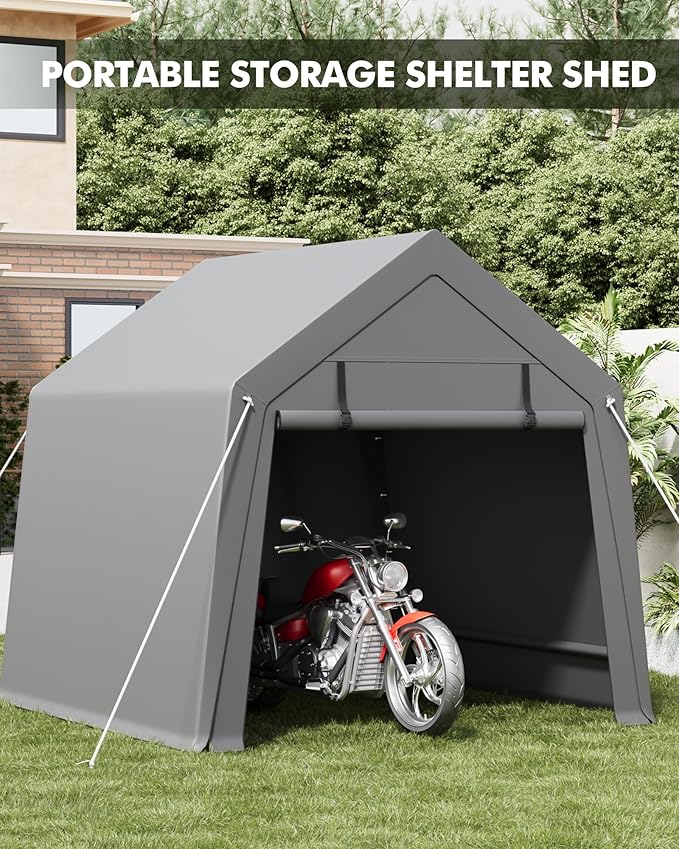 6x6 FT Portable Carport Storage Shed Tent – Heavy Duty Waterproof & UV-Resistant Motorcycle Tent with Roll-Up Zipper Doors, Steel Frame Shelter for Bike, Outdoor Tools & Equipment, Grey