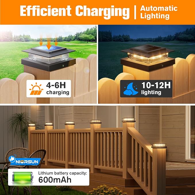NIORSUN Solar Post Cap Lights Outdoor Waterproof, 4x4 Post Solar Lights 2 Color Modes, Fence Posts Solars Light for Deck Patio Garden Decoration, 4x4 Posts Caps Wood Vinyl, 12 Pack (Black)