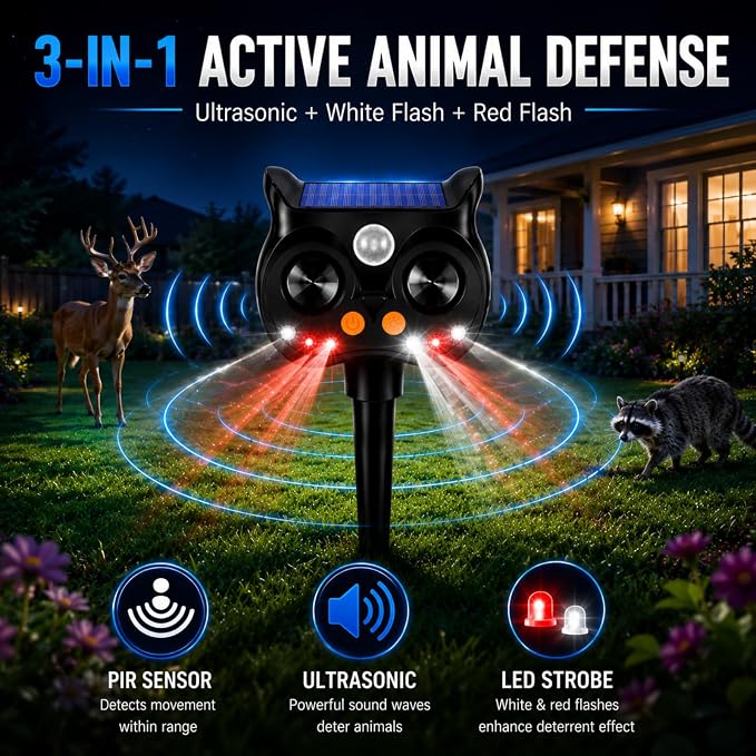 New Solar Animal Repellent Ultrasonic Outdoor for Deer Cat Skunk Squirrel Racoon Fortress Pro Animal Repeller Deterrent Devices with LED Strobe,Motion Sensor,Adjustable Volume and Modes for Yard,2 Pcs