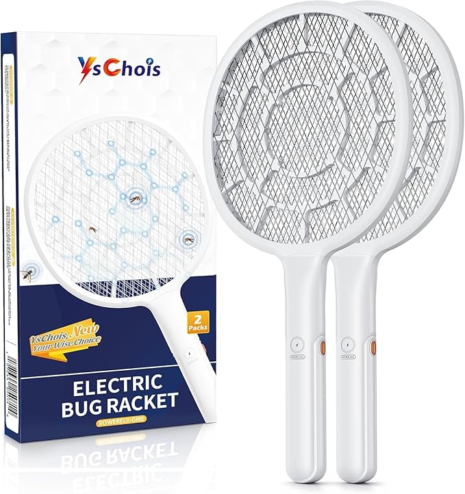 YsChois Electric Fly Swatter, Bug Zapper, Mosquito Zapper Racket | Gold Zone Voltage, Densest 3 mm Mesh, Apple-Like Weight - AA Battery Powered (not incl.) - Indoor & Outdoor, Pro Swat Tips, 2 Packs