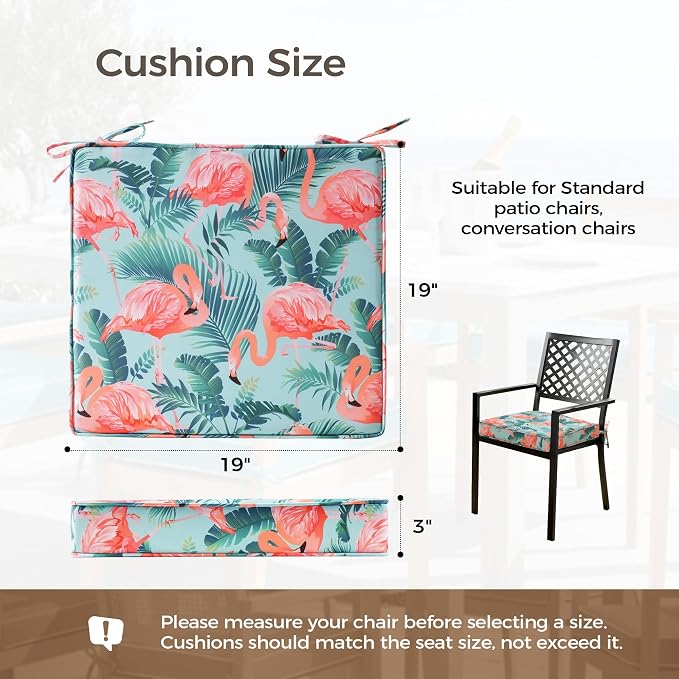 UNIKOME Outdoor Chair Cushions Set of 4, Water Resistant Patio Seat Cushions with Ties for Outdoor Furniture, High-Density Foam, UV & Fade Resistant, Piped Edge – 19" x 19" x 3", Flamingos