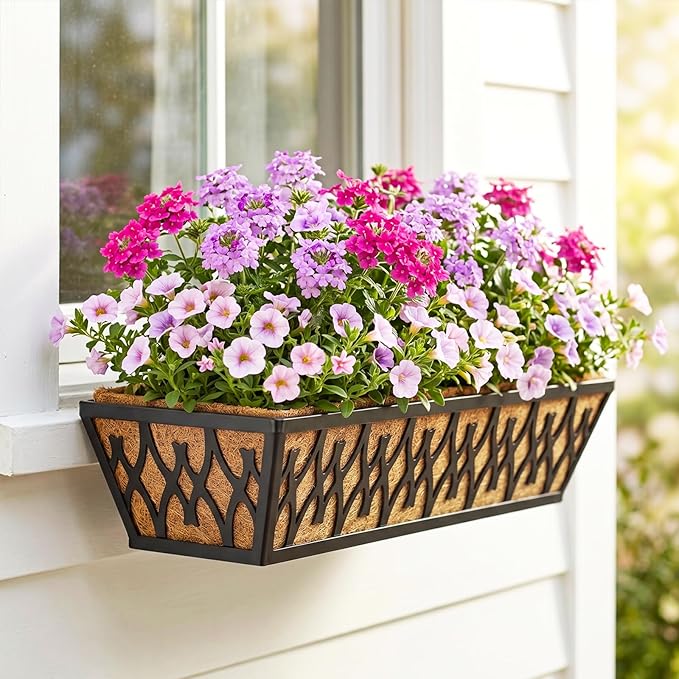 2 Pack 24 Inch Window Boxes Planters Railing Planter Box with Adjustable Brackets for Porch Fence Patio Balcony Hanging Flower Baskets with Coco Liners for Outdoor Garden Décor - Black