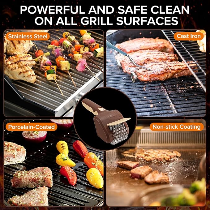 Electric Grill Brush for Outdoor Grill, Cordless Electric Grill Cleaner, Rechargeable Grill Cleaning Stainless Steel Brush, Grill Scraper, BBQ Accessories Brown