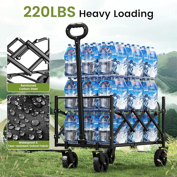 Blomoba 220LBS Foldable Wagon with All-Terrain Wheels, Portable Wagon Cart with Extended Tailgate, Adjustable Handle, Utility Cart for Camping, Shopping, Garden, Sports, Grocery, Black