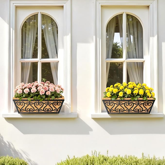 4 Pack 16 Inch Deck Railing Planter Box - Window Boxes Planters with Adjustable Brackets Coco Liners Balcony Planters Railing Hanging for Window Flower Boxes Outdoor Garden Decor