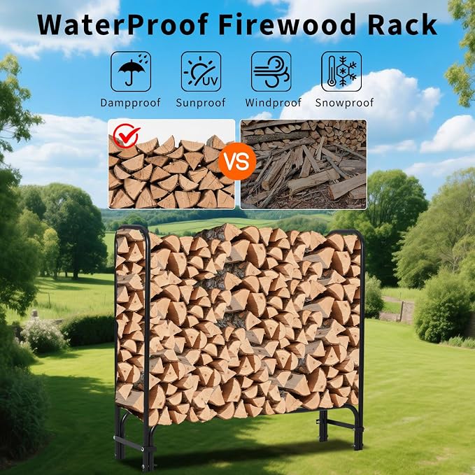 Garvee Heavy Duty 4 ft Firewood Rack Outdoor with Cover Large Steel Log Holder for Patio/Backyard, Weatherproof Wood Storage with Ventilated Design, Easy Assembly No Tools Needed (4 ft)