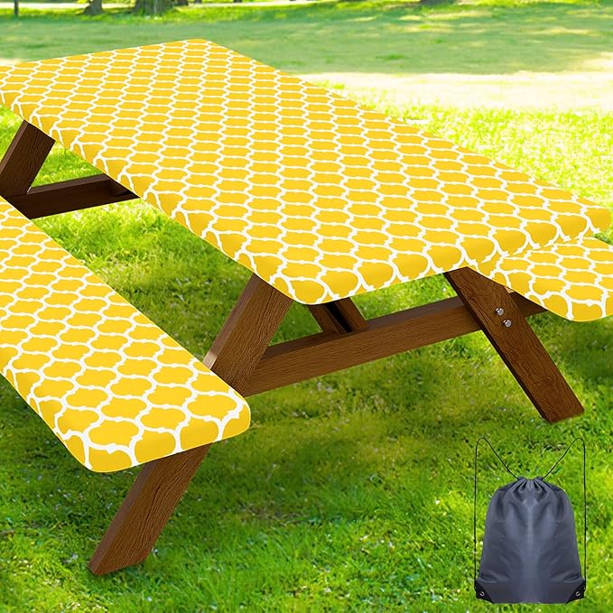 Smiry Picnic Table Cover with Bench Covers, Waterproof Elastic Fitted Tablecloth for 6 Foot Tables, Washable Polyester Tablecloths for Camping, Indoor & Outdoor (Yellow, 30x72 Inch 3-pc Set)