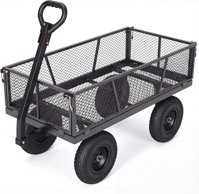 GarveeTech 1200LBS Heavy Duty Steel Garden Cart, Garden Wagon Cart on Wheels, Metal Yard Utility Wagon with Removable Mesh Sides, 13" All Terrain Tires, 180° Rotating Handle for Lawn, Garden, Farm