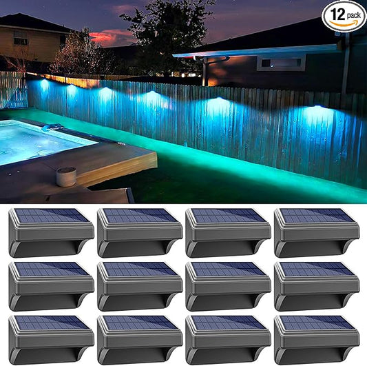 Aulanto 12 Pack Solar Fence Lights, IP65 Waterproof Outdoor Lights with Warm White and RGB Color Modes for Backyard, Garden, Wall, Deck, Stairs