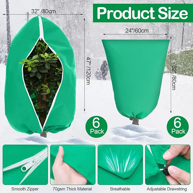 12 Pack Winter Plant Covers Freeze Protection 2 Size 47" x 32" and 24" x 32" Winter Frost Cloths Blankets with Zipper Drawstring Tree Covers for Outdoor Plants Shrubs Potted Trees
