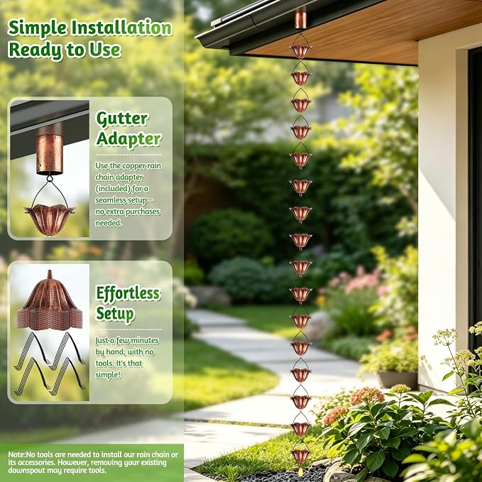 Rain Chains for Gutters Outside 8.5FT Copper Rain Catcher Chain with Adapter 16 Cups Decorative Replacement for Downspout