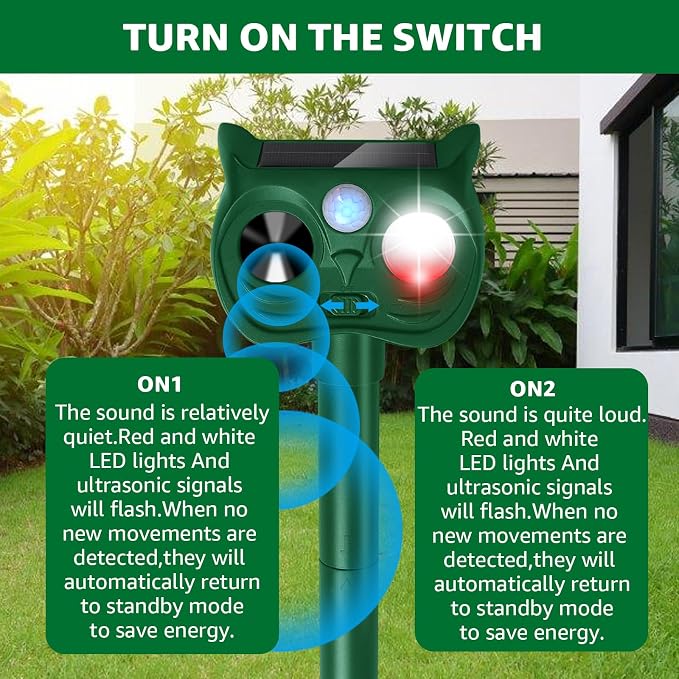 Solar Ultrasonic Animal Repellent Outdoor Motion Sensor Deer Repellent Devices Squirrel Cat Raccoon Rabbit Deterrent with Strobe Light Dual Mode, Keep Skunk Away Protection for Yard Garden Lawn 1PC
