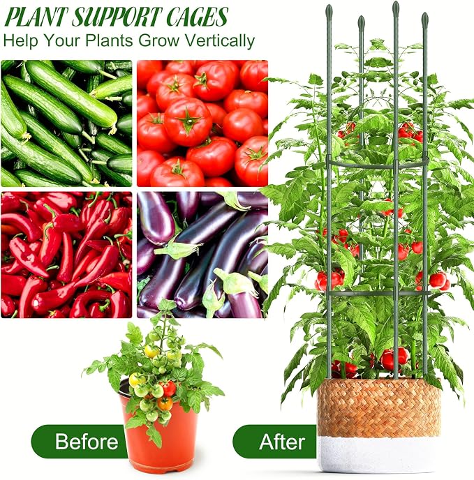 Hahood 6 Pack Tomato Cages for Garden Plant Support 64 Inches Tall Garden Trellis Plant Stakes for Indoor Outdoor Plants Climbing Plants Vegetable Fruit Crop Flower Vine, Green