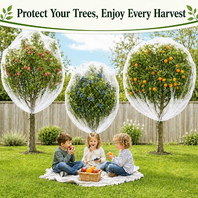 3 Pack 12 x 12 ft Large Fruit Tree Netting Covers with Zipper & Drawstring, Extra Fine Mesh Garden Netting for Blueberry Peach Apple Trees, Protects Fruit from Birds, Squirrels, Deer, Cicadas, Beetles