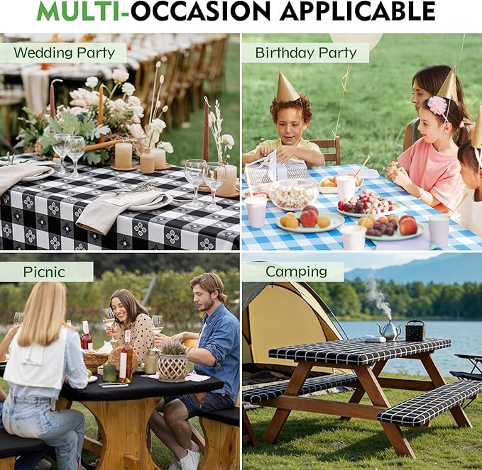 Picnic Table Cover with Bench Covers, Fitted 6ft Waterproof Tablecloth Set for Outdoor Camping & RV - Includes 1 Table Cover & 2 Bench Covers with Drawstring Storage Bag, 30"x72", Morocco Black