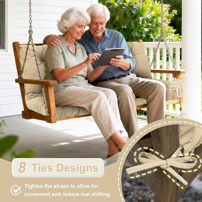 Porch Swing Cushions Outdoor 40 inch x 40 Waterproof Swing Cushions 3 Seater Replacement with Backrest & 8 Ties 5" Thick Bench Swing Cushions for Outdoor Furniture Patio(Khaki)