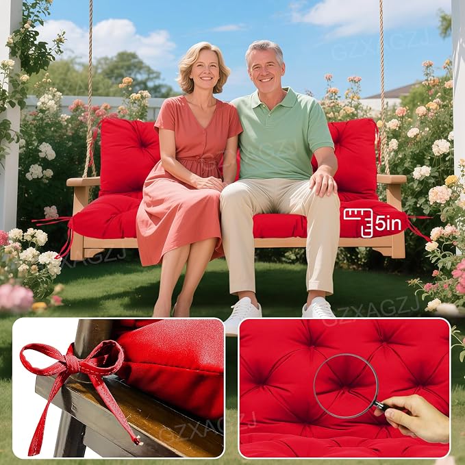 Porch Swing Cushions Outdoor 60 inch Waterproof Thicken 5" Swing Cushions Replacement with Backrest and Ties for Outdoor Furniture Porch Patio Garden Lawn (Bright red)