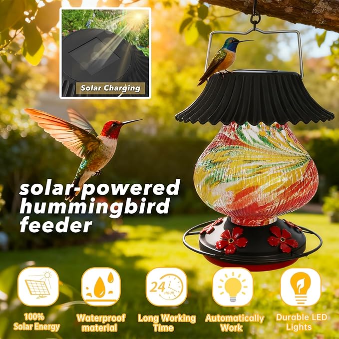 Solar Hummingbird Feeder-5 Feeding Ports with Perch, Hand Blown Glass Red Tree Sea Color Changing-Never Leak, Multicolor Night Lights – Perfect Hummingbird Feeder for Outdoors for Nature Enthusiasts