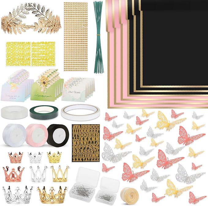 BESUPERT A Bundle of 260Pcs and 52Pcs Flower Bouquet Wrapping Paper Accessories Kit